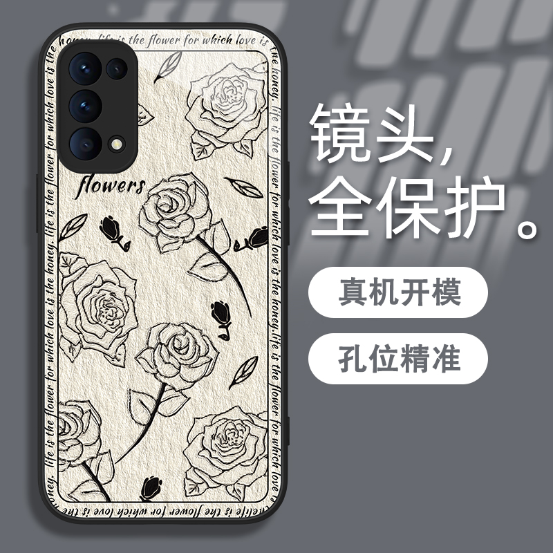 适用于opporeno5手机壳英框线条玫瑰reno4/7SE挂绳reno8/10pro+潮牌女款A95/96镜头全包FINDx5/6pro钢化玻璃 - 图0