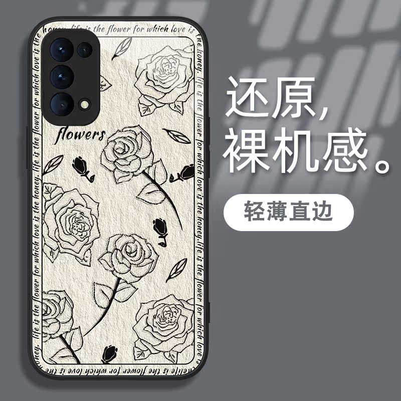 适用于opporeno5手机壳英框线条玫瑰reno4/7SE挂绳reno8/10pro+潮牌女款A95/96镜头全包FINDx5/6pro钢化玻璃 - 图1