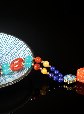 天然青金石南红貔貅长款蜜蜡项链