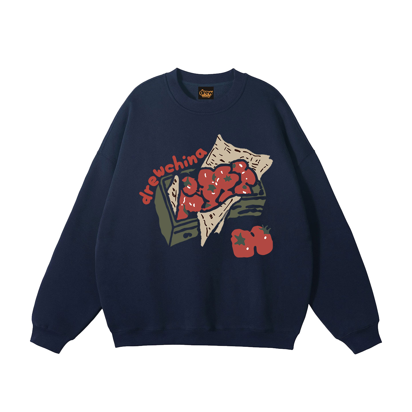 drew美式复古潮牌涂鸦番茄印花圆领卫衣男女情侣宽松秋冬加绒外套
