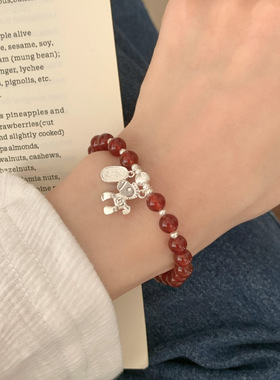 S925纯银马上有钱招财纳福手链国风新中式天然红玛瑙手串好运手饰