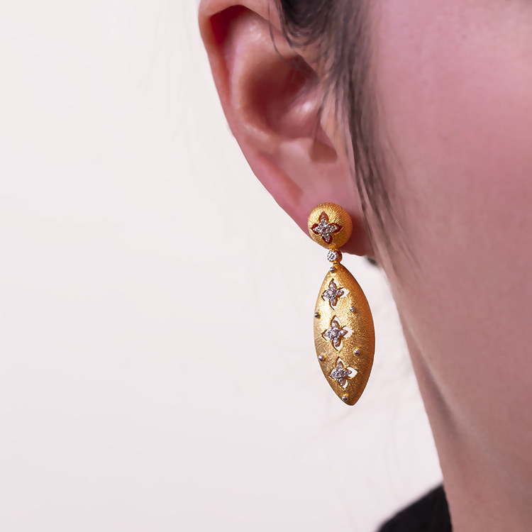 复古意大利精工拉丝工艺s925纯银镀金奢华四叶草镶钻耳环耳钉,淘宝优惠券,粉丝福利购,淘宝优惠卷