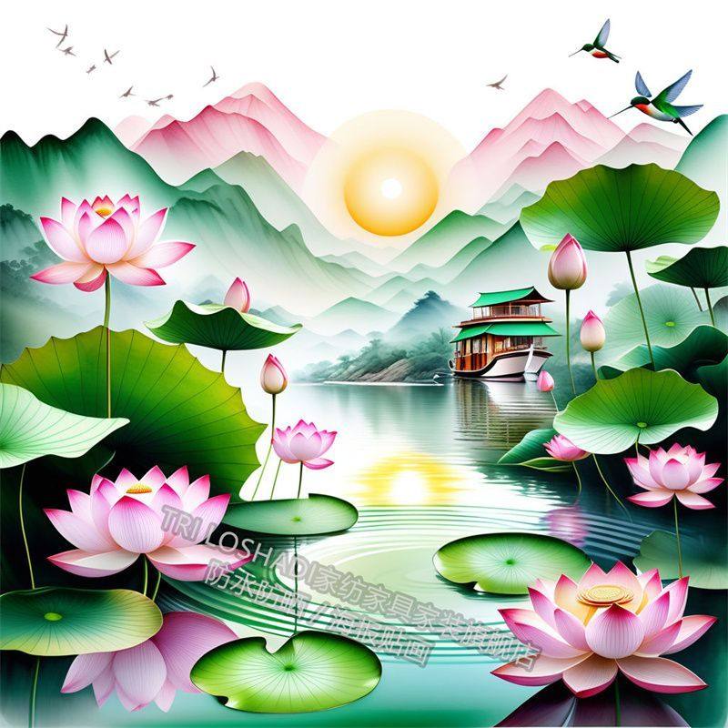 中国风莲花图案净秽荷花图山水艺术贴画卫生间客厅餐厅装饰墙贴纸,淘宝优惠券,粉丝福利购,淘宝优惠卷