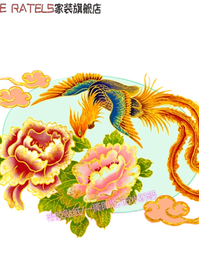 神鸟凤凰牡丹吉祥古风自粘墙贴画