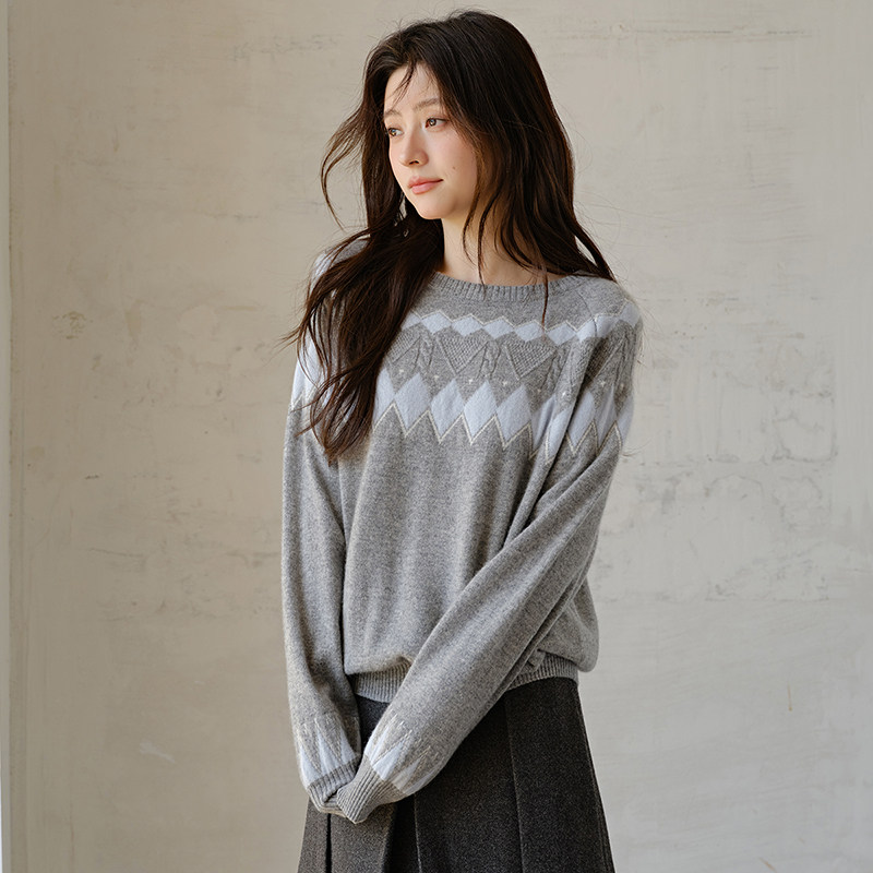 思诺芙德圆领菱格100%山羊绒衫女慵懒风收口提花毛衣25秋冬新款,淘宝优惠券,粉丝福利购,淘宝优惠卷
