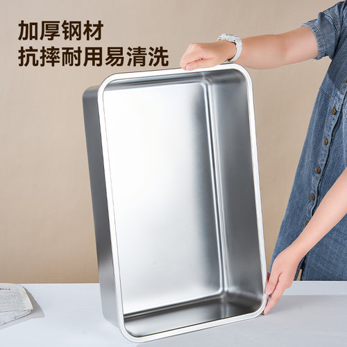加厚食品级不锈钢平底方盆带透明盖加深长方形大容量商用托盘大号 - 图2