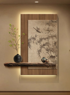 宋代美学玄关装饰画高级感入户正对门竹子挂画新中式茶室氛围壁灯