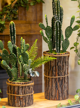 北欧仿真植物木桩花盆装饰摆件
