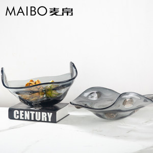麦帛室内家居灰色工艺品玻璃果盘家居室内客厅餐桌摆件装饰器皿