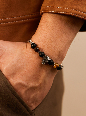 简约狼头手链虎眼石手串珠子生日礼物送男友高级感痞帅拼接手饰品