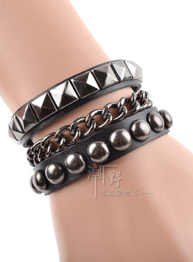 朋克风铆钉复古多层饰品皮手镯