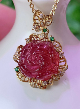 鸽血红碧玺牡丹花吊坠18k金镶嵌牡丹花钻石女生日礼物妈妈节礼物