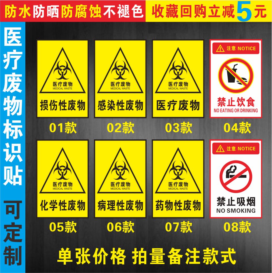 医疗废物标识贴医院垃圾桶分类标志危废弃暂存间点存放处提示禁止饮食严禁吸烟贴纸警示牌当心电离辐射指示牌-图0