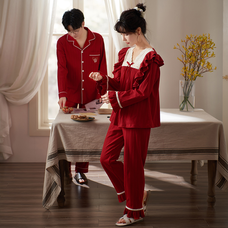 马克公主睡衣结婚新婚情侣套装纯棉长袖红色本命年男女家居服春秋 - 图2