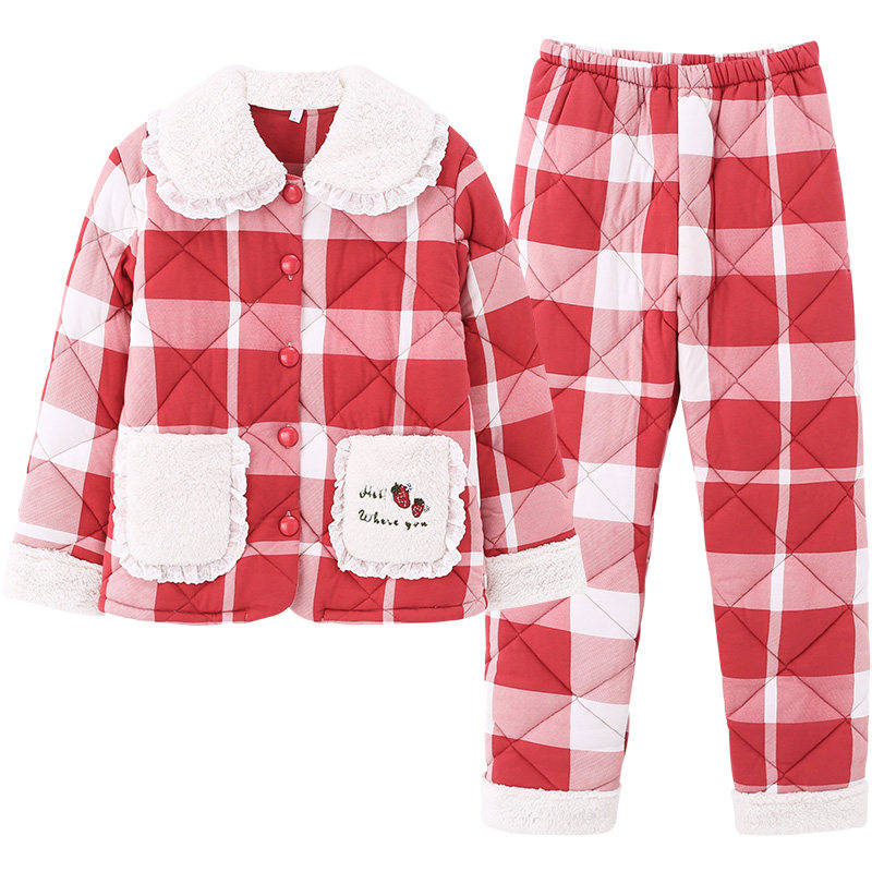 马克公主睡衣女秋冬季纯棉三层夹棉保暖格子可外穿家居服可爱套装,淘宝优惠券,粉丝福利购,淘宝优惠卷