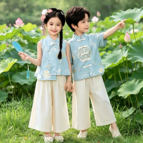元旦儿童汉服唐装演出服中国风新中式男童女童古装幼儿园表演服装 - 图3