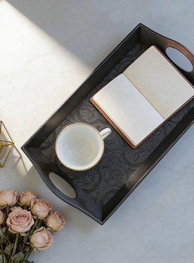 黑色极简简约木质收纳托盘桌面装饰摆件家居实用收纳盒