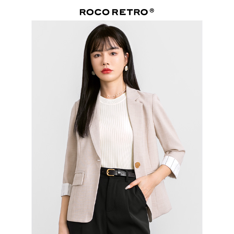 ROCO奶咖色五分袖薄款小西装外套女休闲短袖高级感小众短款上衣