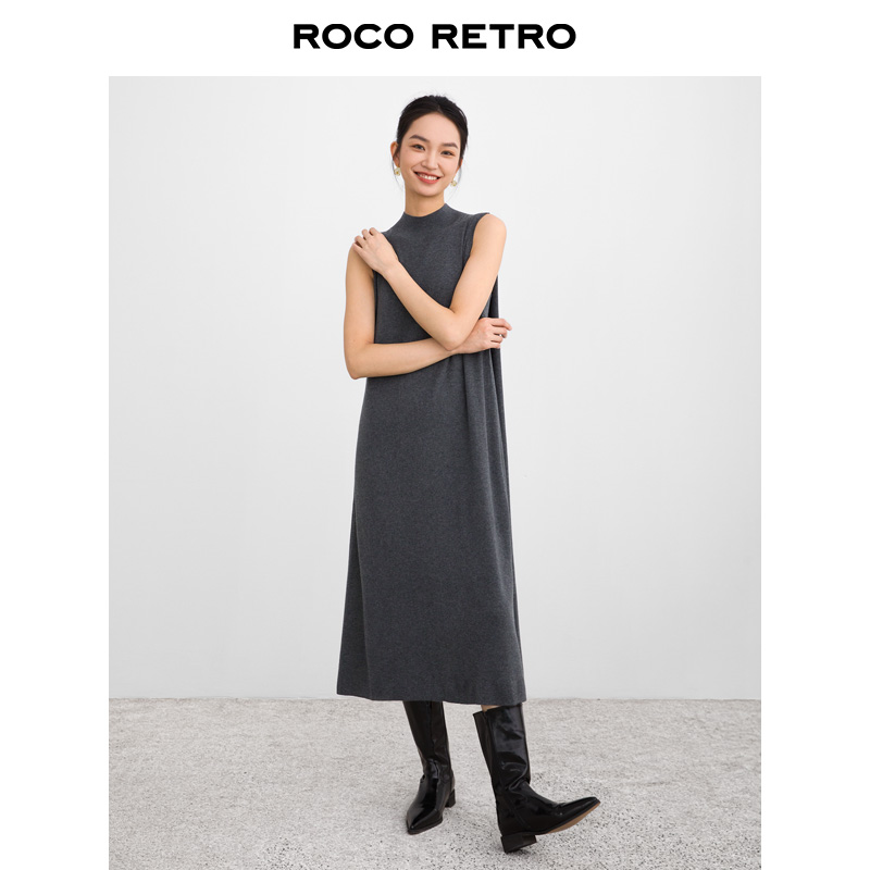 ROCO时髦百搭16针超细羊毛简约半高领大摆针织连衣裙内搭无袖长裙 - 图2