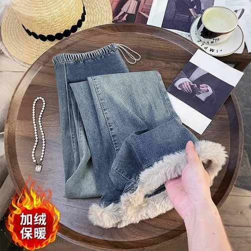 高品质孕妇牛仔裤2025冬季新品加绒毛边无托腹产后可穿显瘦喇叭裤 - 图0