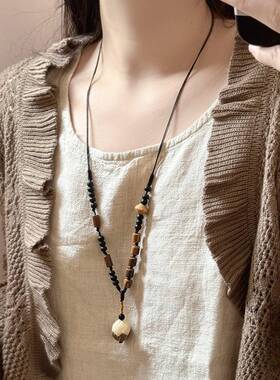国风禅意~古风木珠白玉菩提项链女新中式复古小众设计长款毛衣链