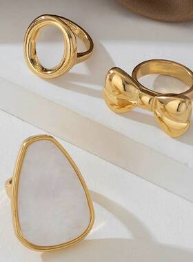 欧美跨境饰品法式复古异形珍珠花朵戒指夸张设计感几何蝴蝶结指环