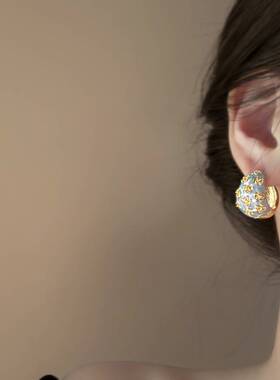 镶钻双拼色篮子花朵耳扣复古宫廷风耳环轻奢高级感时尚气质耳饰女