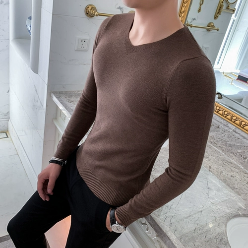 Приятный телу весенний лонгслив, трикотажный свитер, в корейском стиле, V-образный вырез, в обтяжку