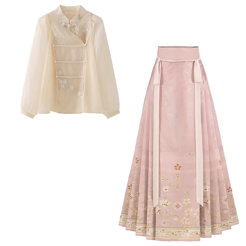 秋冬新款新中式改良汉服国风盘扣上衣茶服粉色马面裙套装小个子女 - 图2