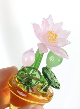 手工琉璃荷花透光桌面车载摆件