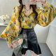 ເສື້ອ chiffon ພິມ lapel ສີເຫຼືອງສົດສໍາລັບແມ່ຍິງ