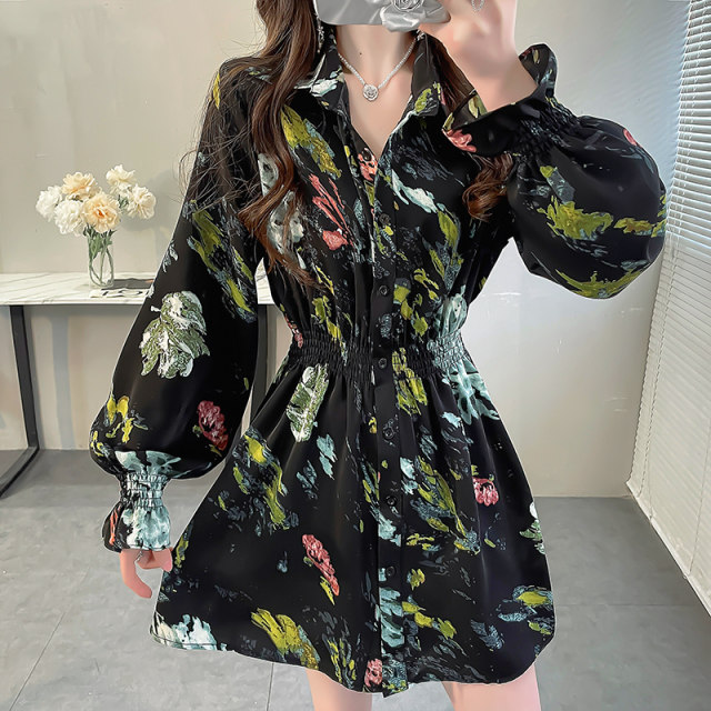 Spring style printed lapel chiffon shirt