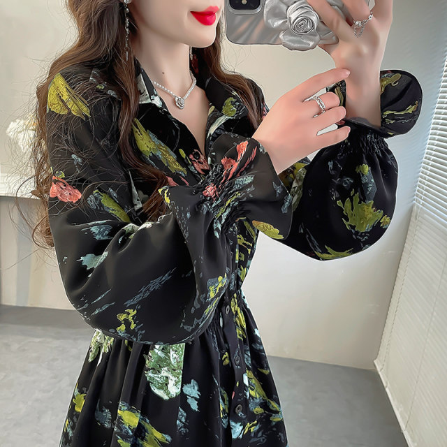 Spring style printed lapel chiffon shirt