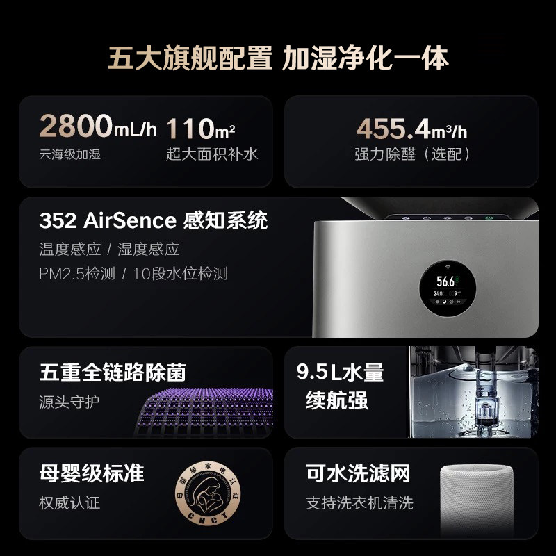 352加湿空气净化器一体机卧室家用室内宠物母婴级除甲醛低噪 H301