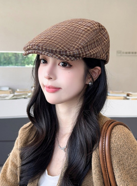 复古格子前进帽女秋冬百搭英伦风反戴毛呢鸭舌帽保暖贝雷画家帽