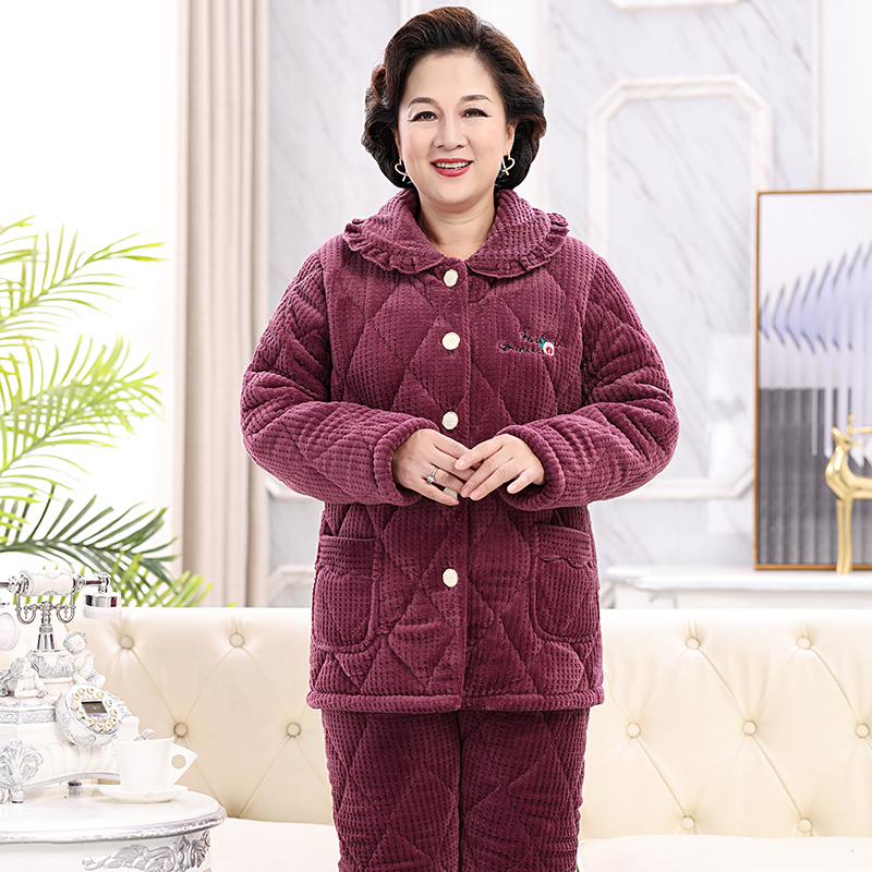 冬季中老年睡衣女妈妈三层夹棉加厚加绒奶奶套装老人保暖家居服