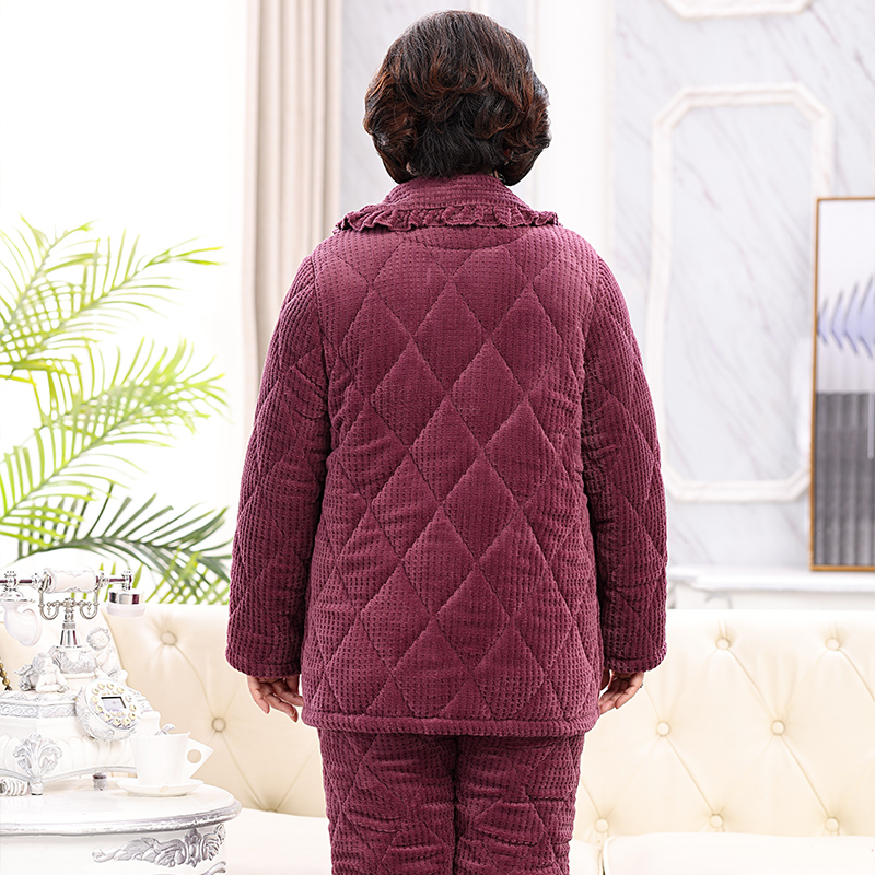 冬季中老年睡衣女妈妈三层夹棉加厚加绒奶奶套装老人保暖家居服
