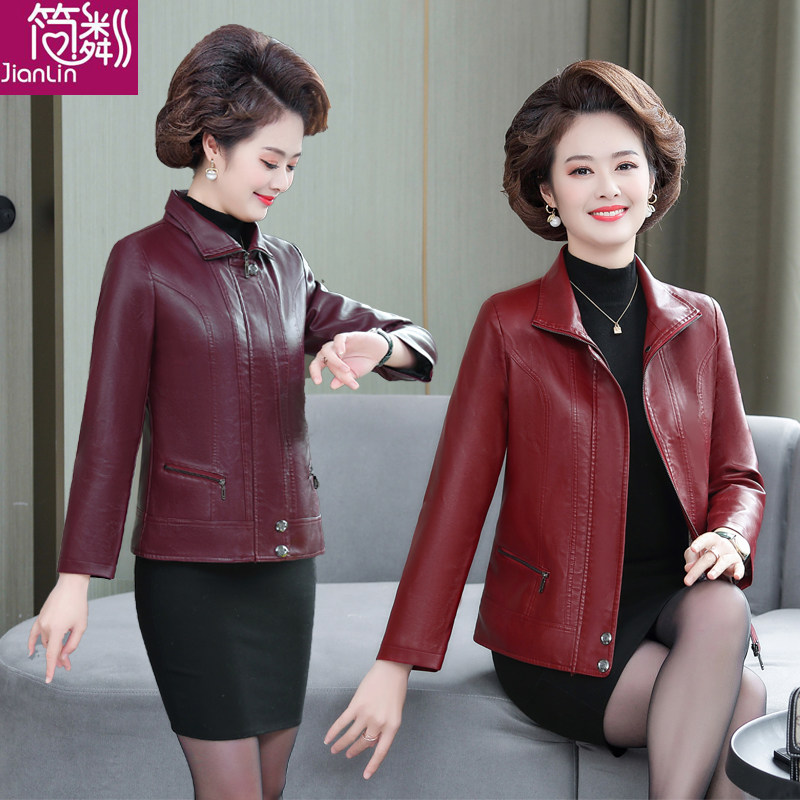 中老年皮衣短款春秋40-50岁妈妈装 简粼皮衣