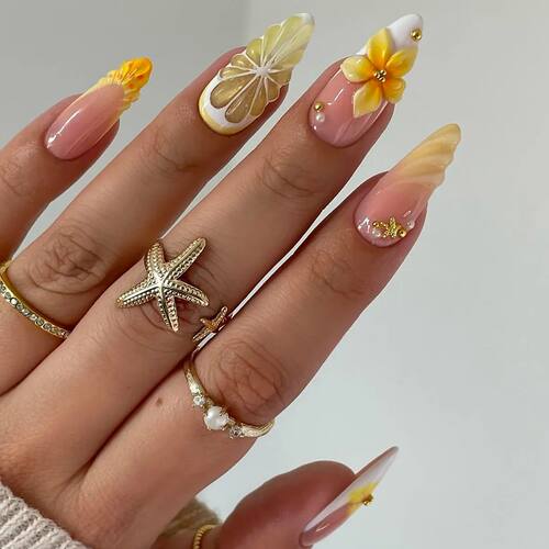 24Pcs Sweet Cool Almond Nail Set Press on Acrylic Nails 3D F - 图0