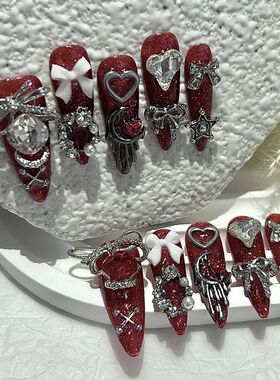 Halloween Dark Blood Red Handmade Press On Nails 3D Bow Star
