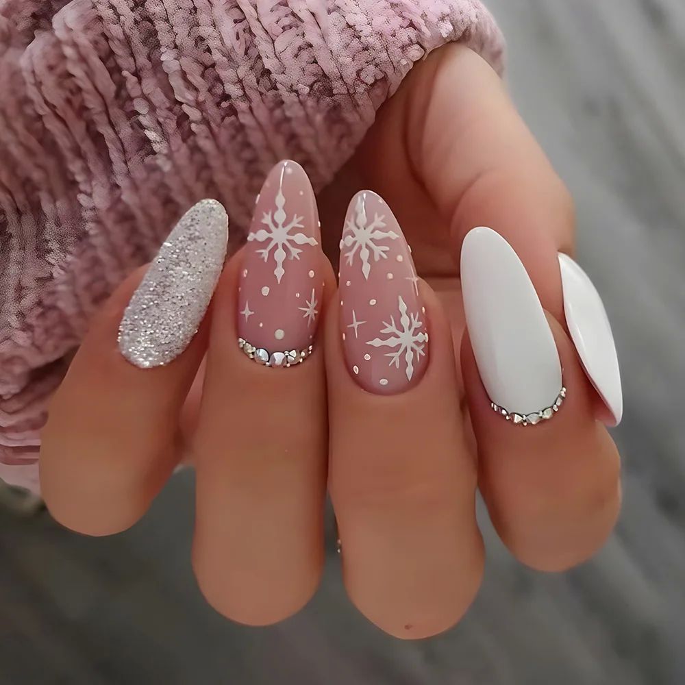 24Pcs Detachable Almond False Nails with Pearl Decoration El-图1