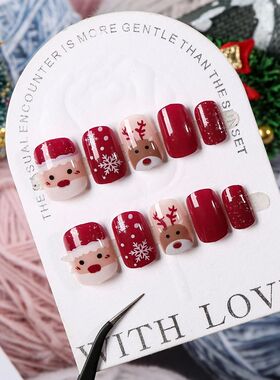 24Pcs Red Christmas Fake Nails Cute Santa Claus Reindeer & S