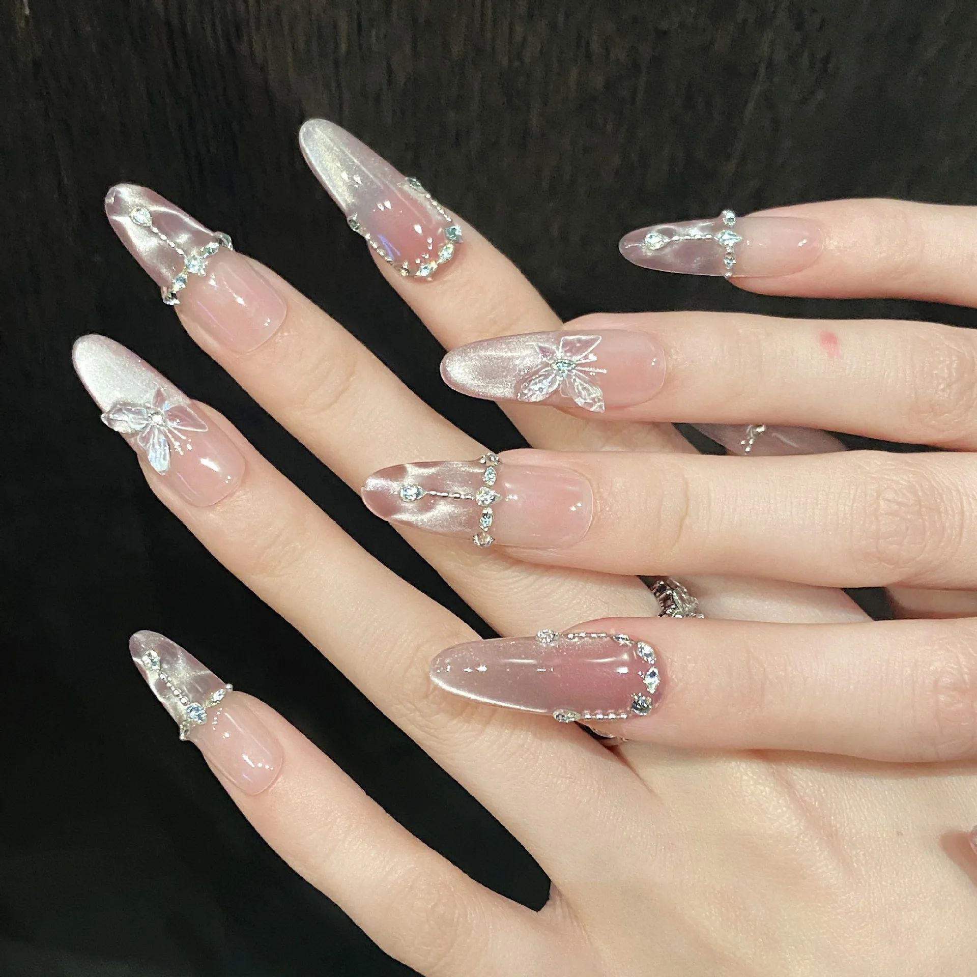 10pcs Handmade Press on Nails Pink Butterfly Design Fake Nai - 图2