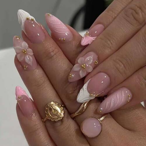 24Pcs Sweet Cool Almond Nail Set Press on Acrylic Nails 3D F - 图3