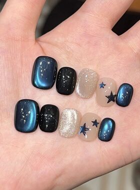 10pcs Black Cute Cat Handmade Press on Nails Crystal Cat Eye