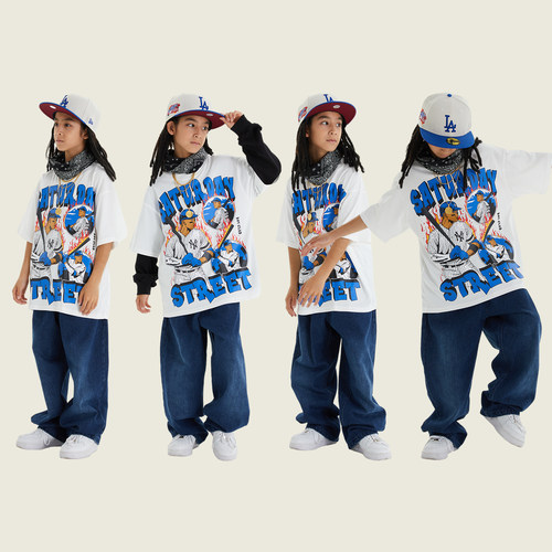 儿童嘻哈街舞演出服T恤套装爵士潮服男童女童hiphop表演服装夏季 - 图0