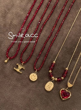 新年红色水晶项链 镀18K金色迷你圆球吊坠锁骨链