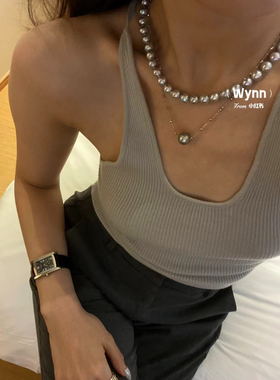 真多麻铂金灰色珍珠项链气质网红正圆高亮珍珠颈链设计感锁骨链