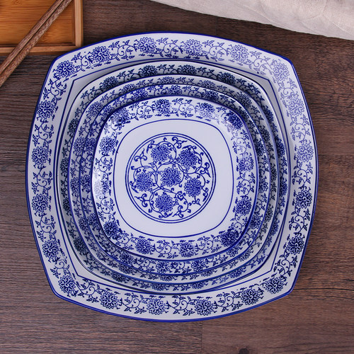酒店餐具 青花瓷盘子菜盘大盘子深盘浅盘圆盘四方浅盘汤盘 蒸鱼盘 - 图1