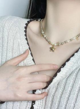 轻奢虎眼石珍珠串珠蝴蝶结星星项链复古时尚潮流个性小众锁骨链女